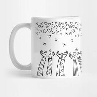 Men lift up their hands to receive the heart that is falling. Mug